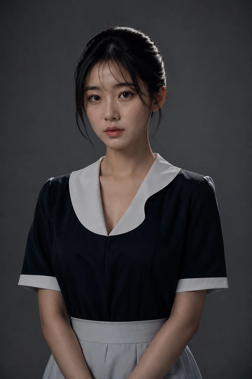 灰色背景前的人物半身肖像，黑白制服与盘发